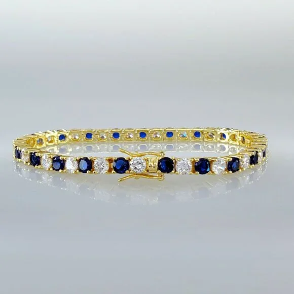 Mens 14K Gold 2ct Blue Sapphire Gemstone Diamond Tennis Bracelet 7 7.5 8 Size